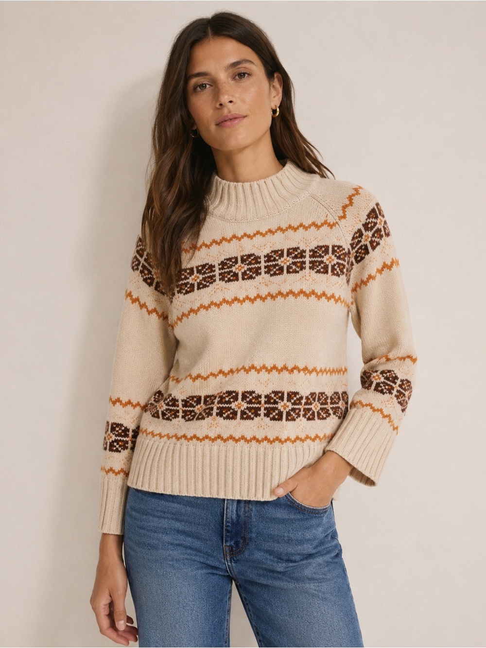 Madewell Fair Isle Mock Neck Sweater Wool Alpaca Blend Cream XS